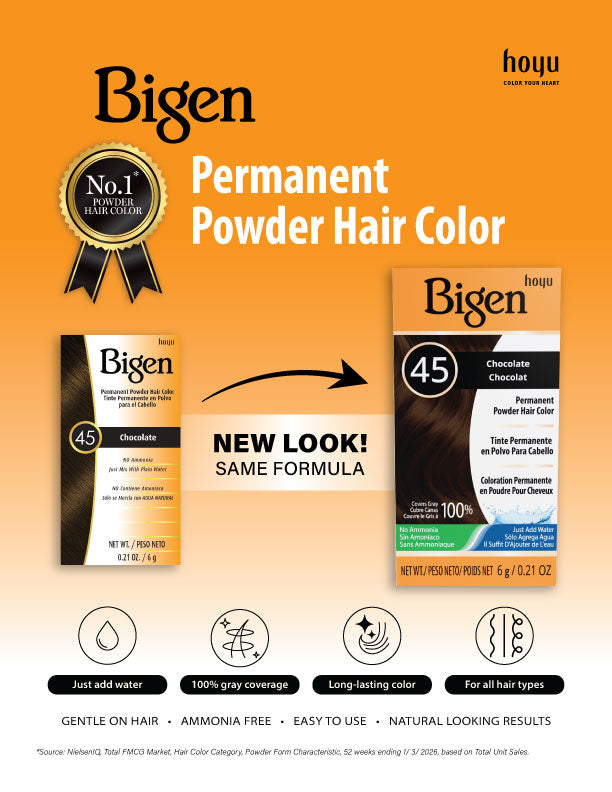 Graphic to inform customers that Bigen Permanent Powder is changing package designs throughout 2026