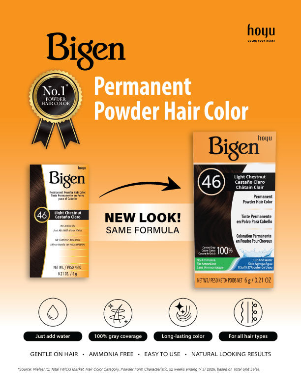 Graphic to inform customers that Bigen Permanent Powder is changing package designs throughout 2026