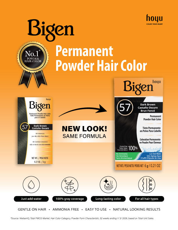 Graphic to inform customers that Bigen Permanent Powder is changing package designs throughout 2026