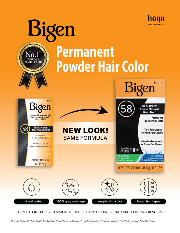 Graphic to inform customers that Bigen Permanent Powder is changing package designs throughout 2026