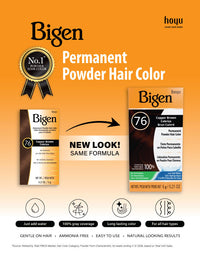 Graphic to inform customers that Bigen Permanent Powder is changing package designs throughout 2026