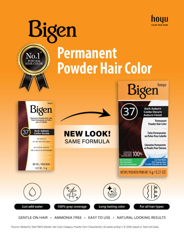 Graphic to inform customers Bigen Permanent Powder is changing package designs throughout 2026