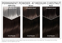 The starting shade of your hair will dramatically affect the results of this product. This chart provides a visual representation of Bigen Permanent Powder 47: Medium Chestnut results based on starting with gray, brown or black hair. Please note, results will vary. This product has no lifting properties and will not lighten your hair