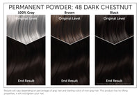 The starting shade of your hair will dramatically affect the results of this product. This chart provides a visual representation of Bigen Permanent Powder 48: Dark Chestnut results based on starting with gray, brown or black hair. Please note, results will vary. This product has no lifting properties and will not lighten your hair