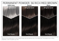 The starting shade of your hair will dramatically affect the results of this product. This chart provides a visual representation of Bigen Permanent Powder 56: Rich Medium Brown results based on starting with gray, brown or black hair. Please note, results will vary. This product has no lifting properties and will not lighten your hair