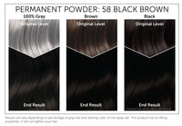 The starting shade of your hair will dramatically affect the results of this product. This chart provides a visual representation of Bigen Permanent Powder 58: Black Brown results based on starting with gray, brown or black hair. Please note, results will vary. This product has no lifting properties and will not lighten your hair
