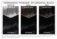 The starting shade of your hair will dramatically affect the results of this product. This chart provides a visual representation of Bigen Permanent Powder 59: Oriental Black results based on starting with gray, brown or black hair. Please note, results will vary. This product has no lifting properties and will not lighten your hair
