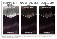 The starting shade of your hair will dramatically affect the results of this product. This chart provides a visual representation of Bigen Permanent Powder 96: Deep Burgundy results based on starting with gray, brown or black hair. Please note, results will vary. This product has no lifting properties and will not lighten your hair